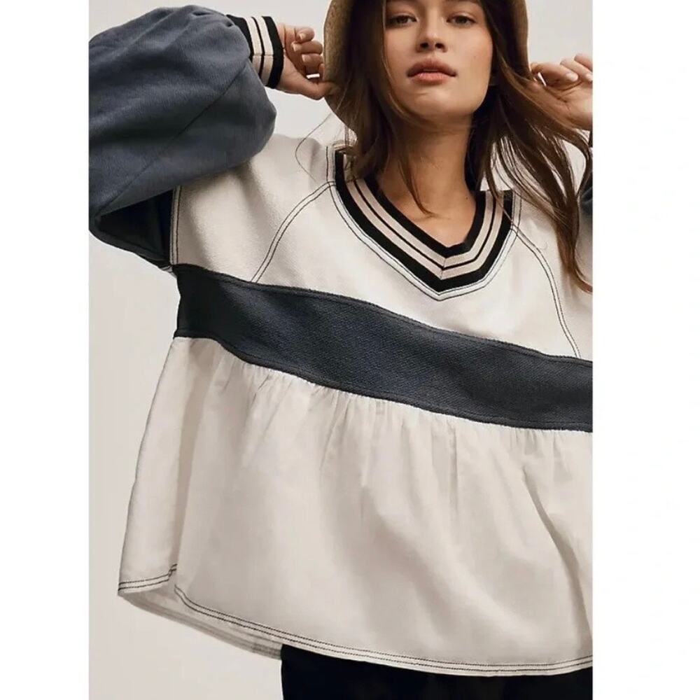 Pilcro Knit Reworked Long-Sleeve Babydoll Top Ivory Black XL